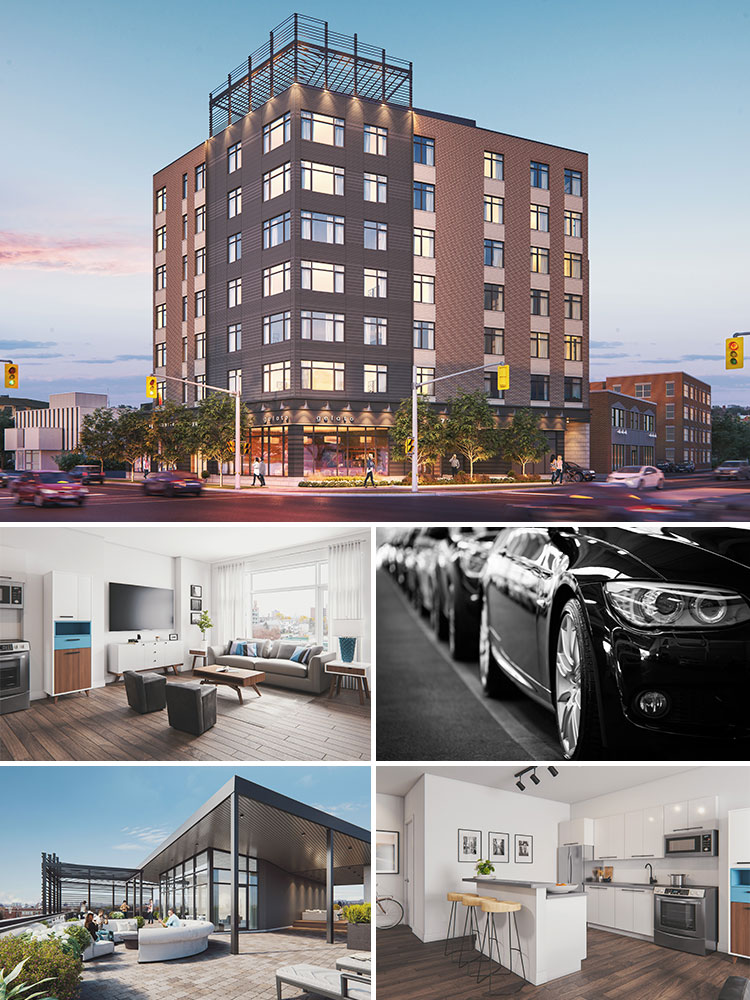 A group of photos including a rendering of 770 Bronson Apartments, black cars parked, bathroom, kitchen, group of people barbecueing having a party