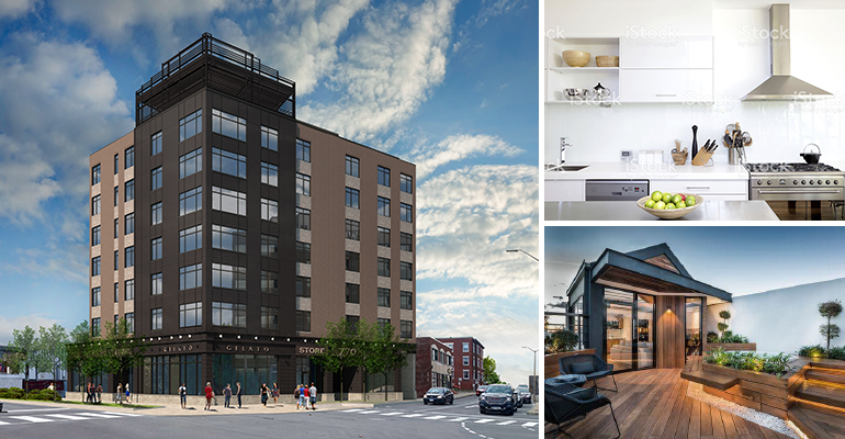 A group of photos including a rendering of 770 Bronson Apartments, kitchen, group of people barbecueing having a party
